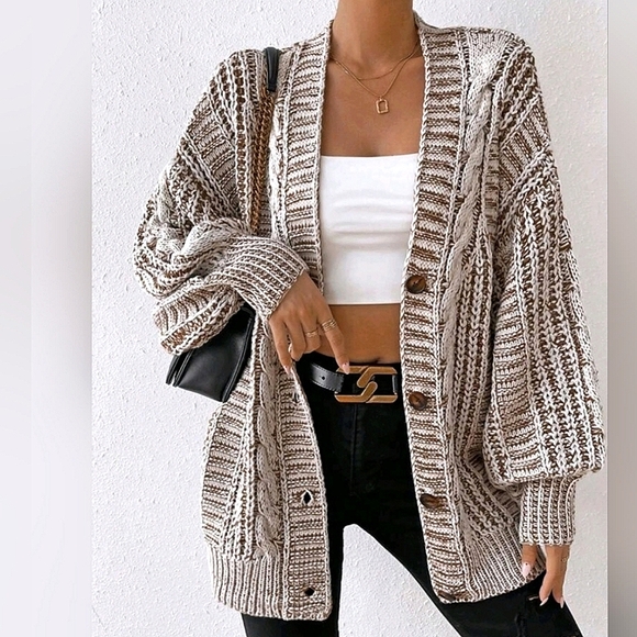 New Boho Chunky Cable Knit Cardigan Sweater Cream White Brown - Picture 4 of 9